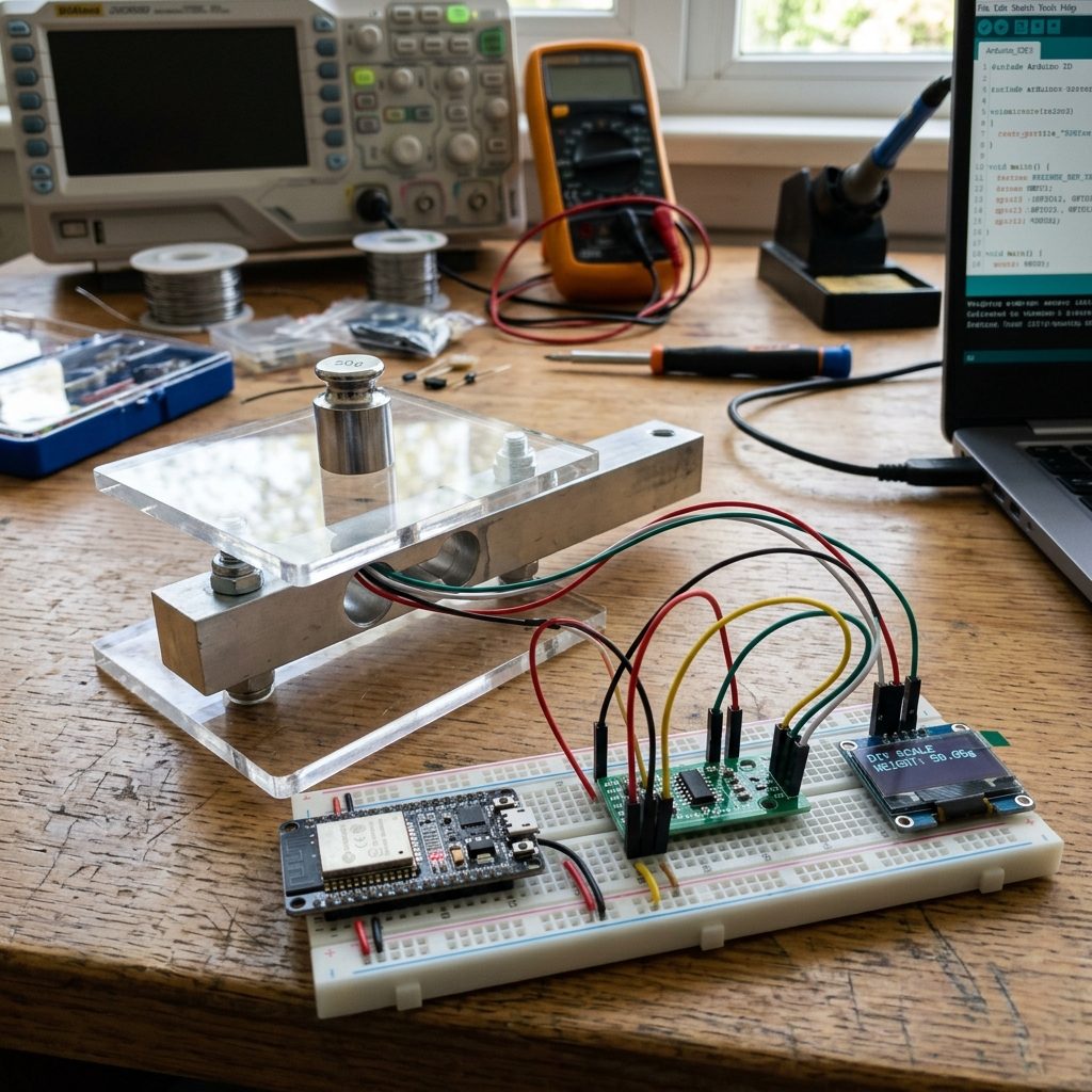 Báscula casera con celda de carga entre dos placas de acrílico, módulo HX711, ESP32 y pantalla OLED
