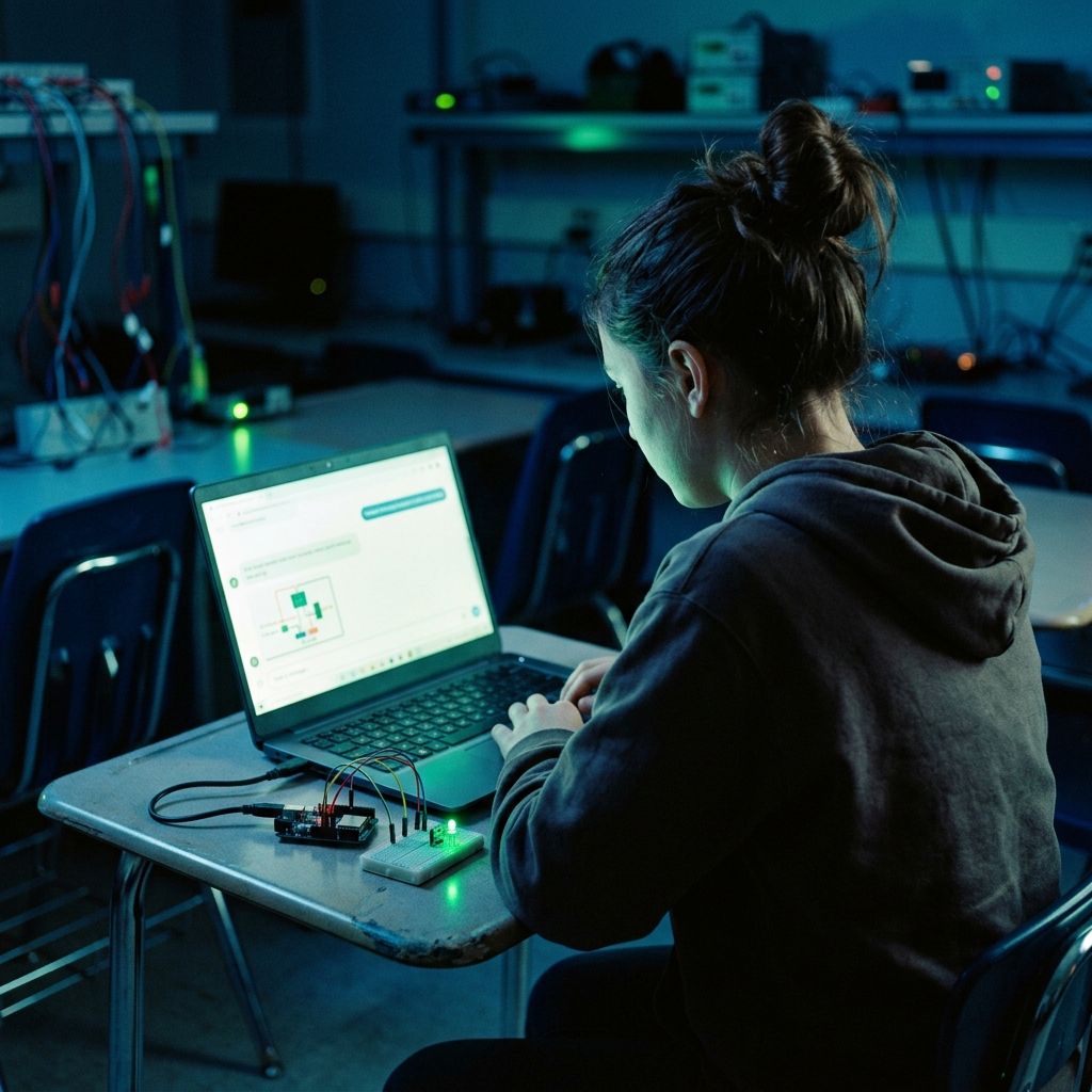 Estudiante frente a un portátil con un asistente de IA en pantalla y un ESP32 conectado sobre la mesa