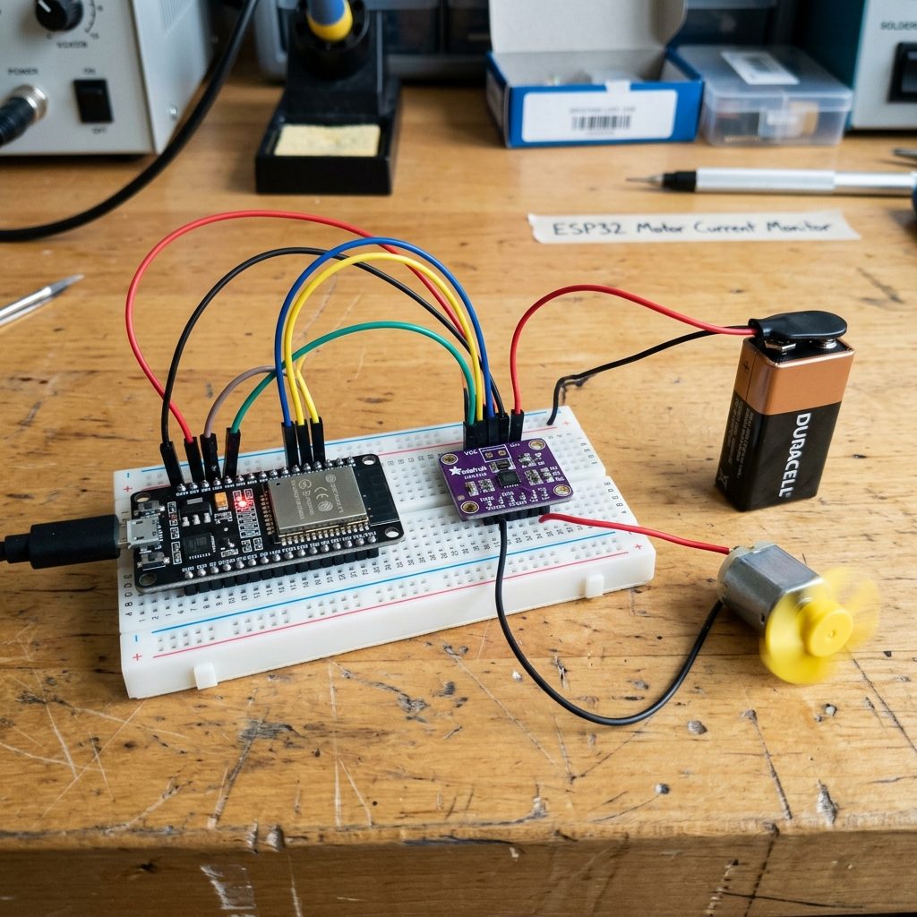 ESP32 en protoboard conectado a un sensor INA219 que mide un motor alimentado por una batería de 9 V