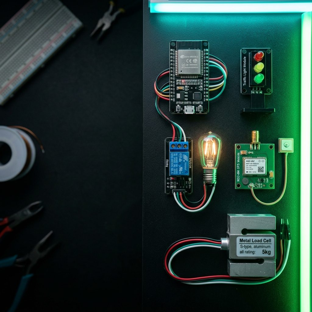 ESP32, módulo semáforo, relé con bombilla, GPS NEO-6M y celda de carga sobre una mesa oscura