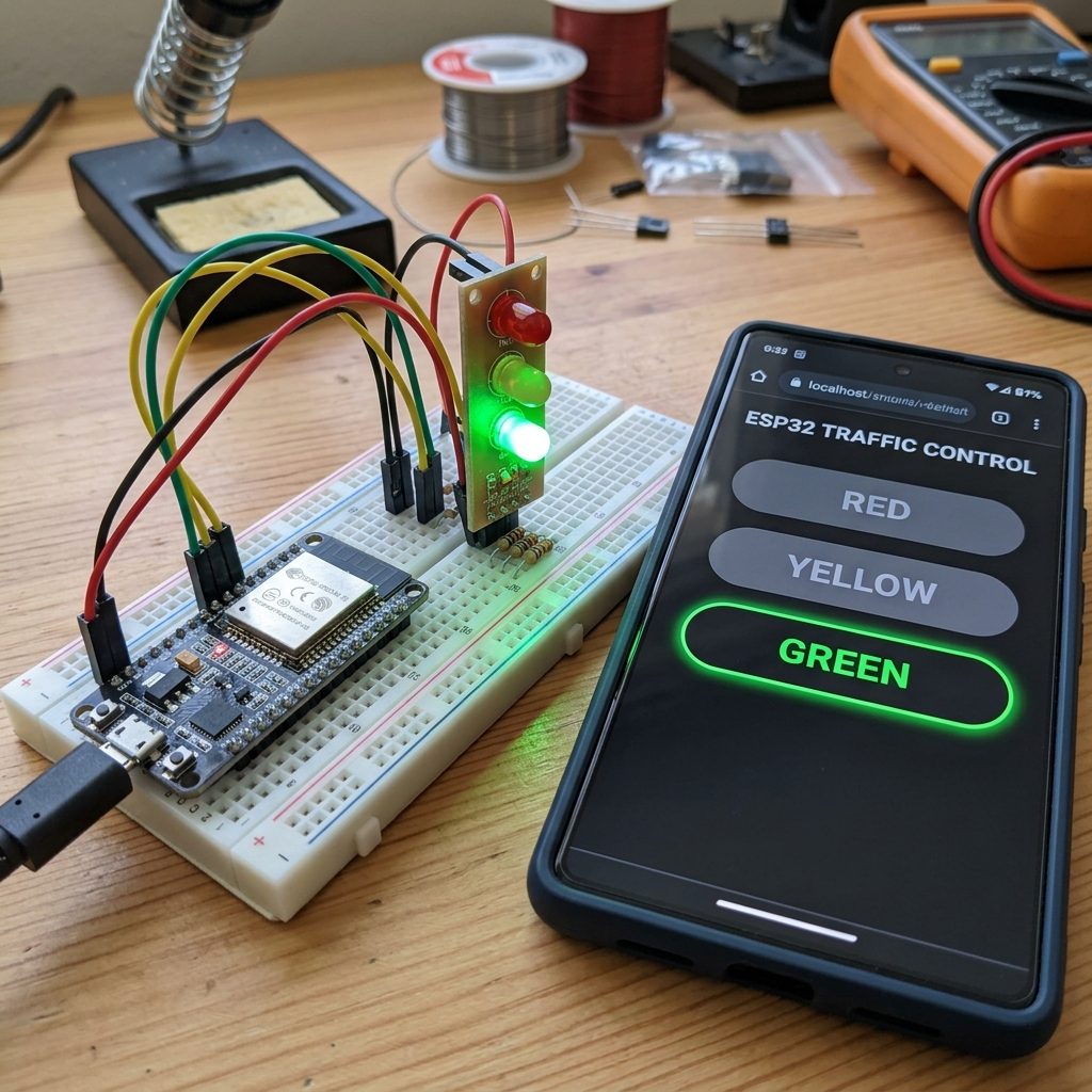 Módulo semáforo con el LED verde encendido junto a un celular con botones rojo, amarillo y verde