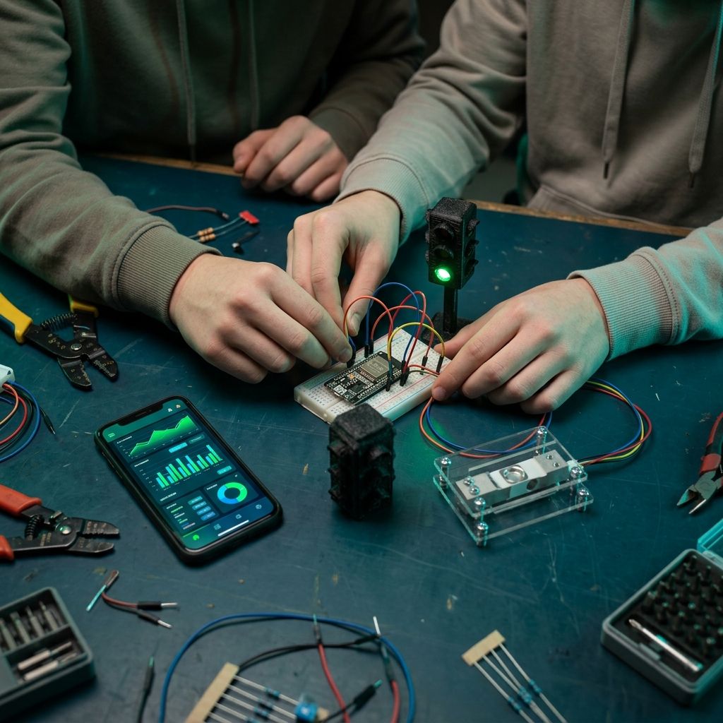 Estudiantes alrededor de una mesa armando un proyecto con ESP32, sensores y una maqueta impresa en 3D