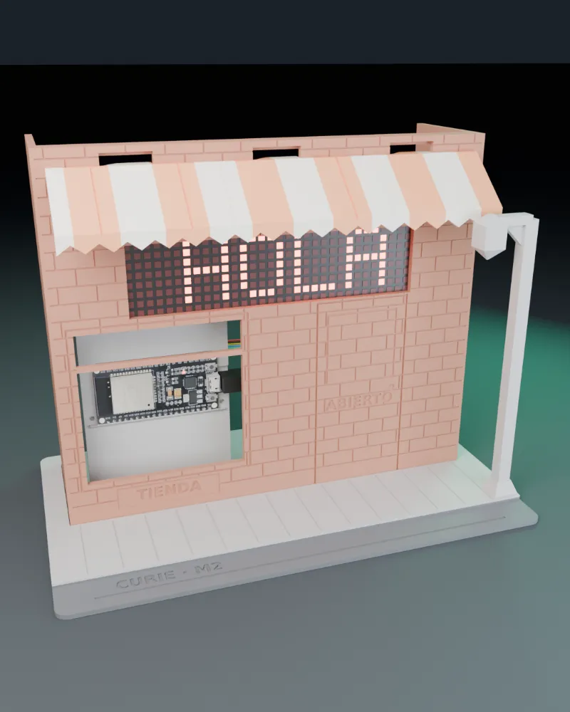 Maqueta 3D de Curie M2: Fachada de tienda: el letrero es la matriz LED