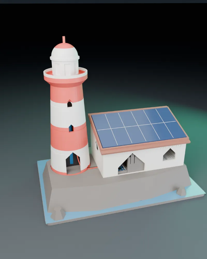 Maqueta 3D de Faraday M3: Faro sobre las rocas con panel solar