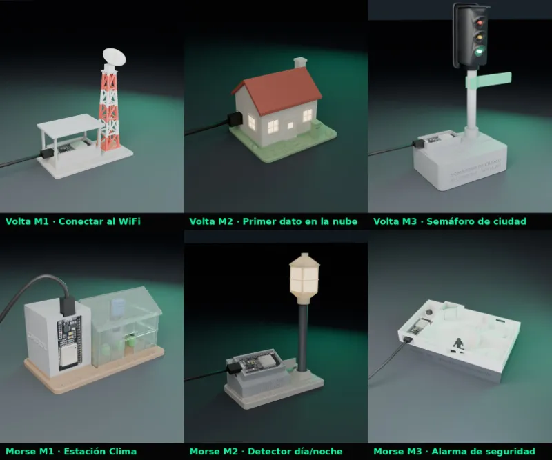 Las seis maquetas 3D de los niveles Volta y Morse: torre, casa, semáforo, invernadero, farola y casa vigilada