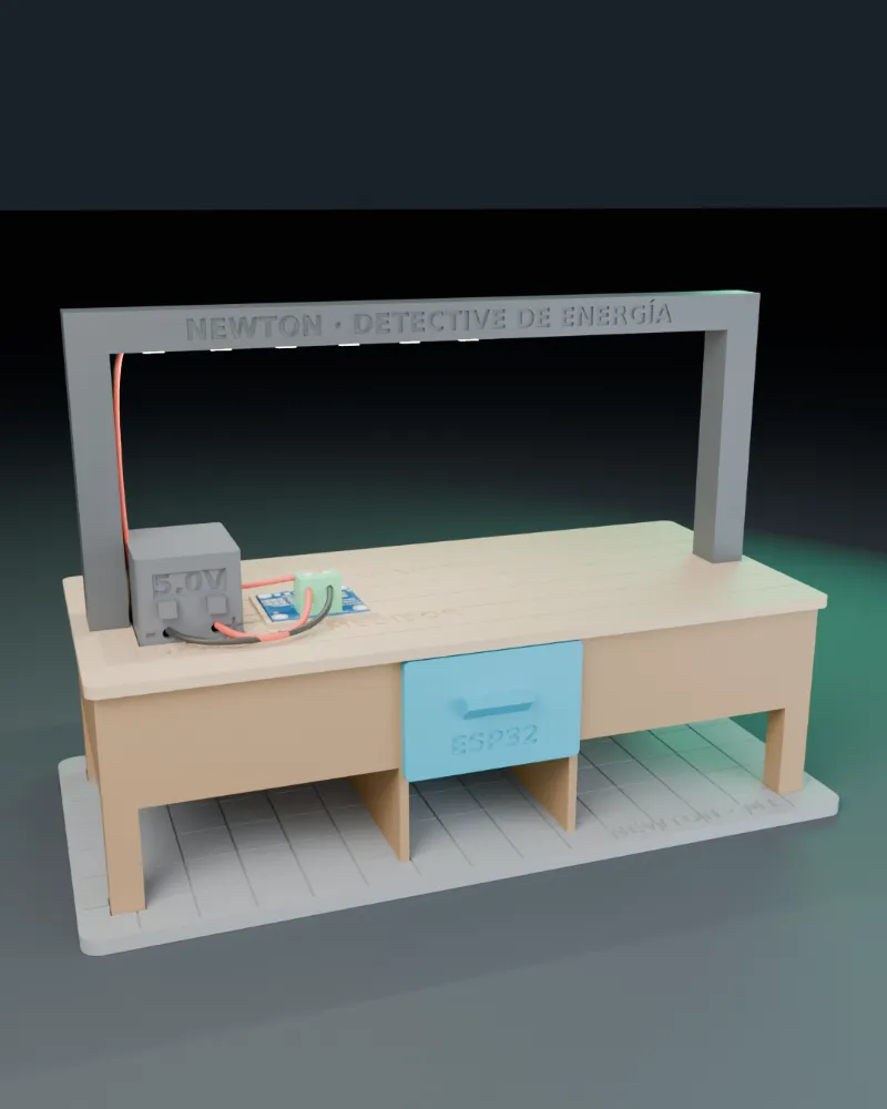 Maqueta 3D de Newton M1: Banco de pruebas con arco de LEDs