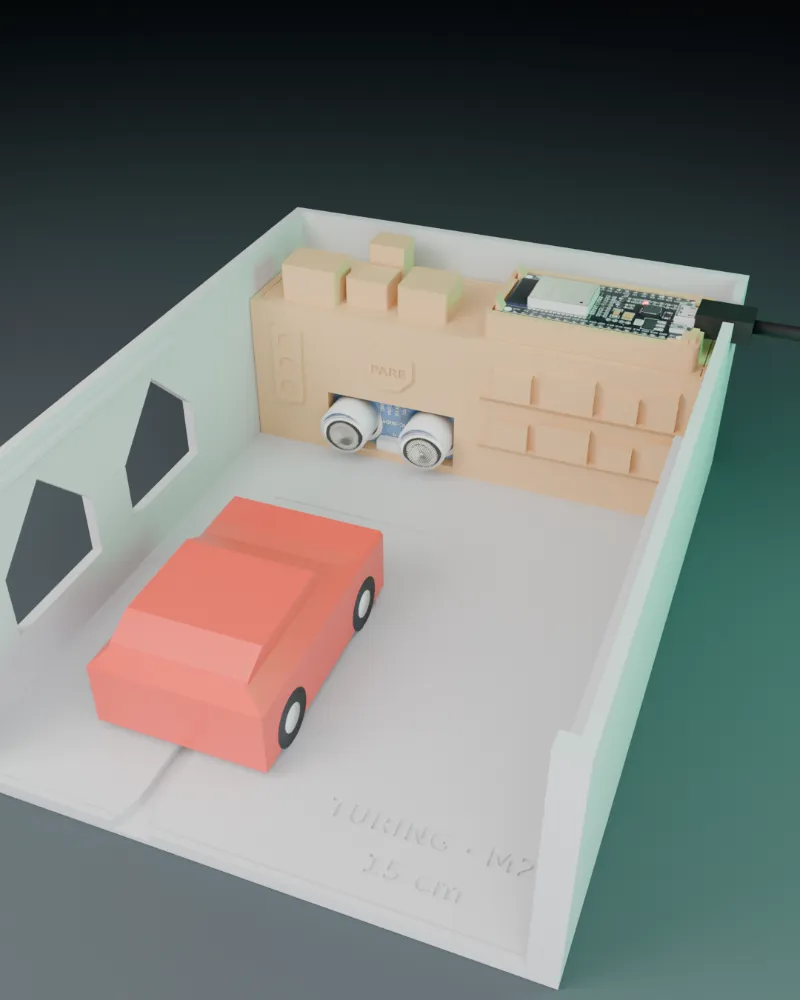 Maqueta 3D de Turing M2: Garaje con HC-SR04 y un carro sobre riel